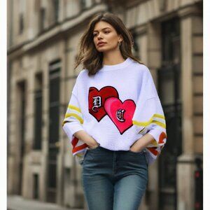 Dos Corazonez White Made From The Heart Waffle Knit Jersey Pullover, Size Large